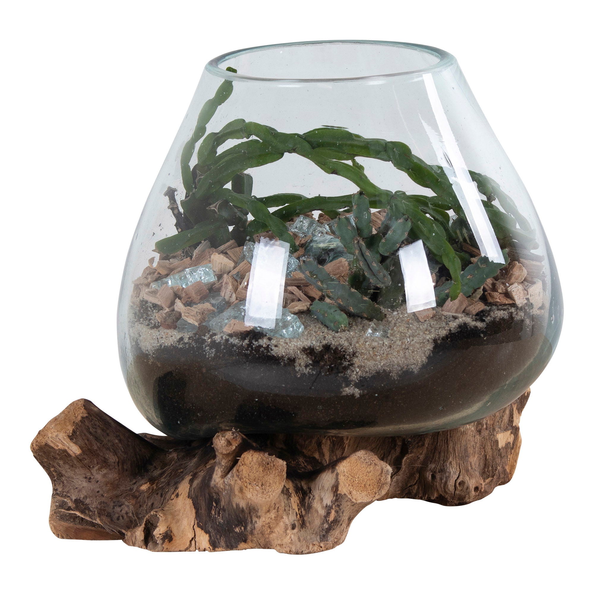 Glasobjekt auf Teakholz, natur, H20 cm